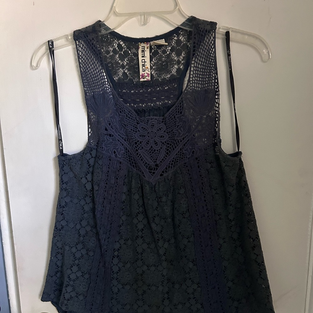 Mimi Chica Dark Navy Crochet Lace Camisole Tank